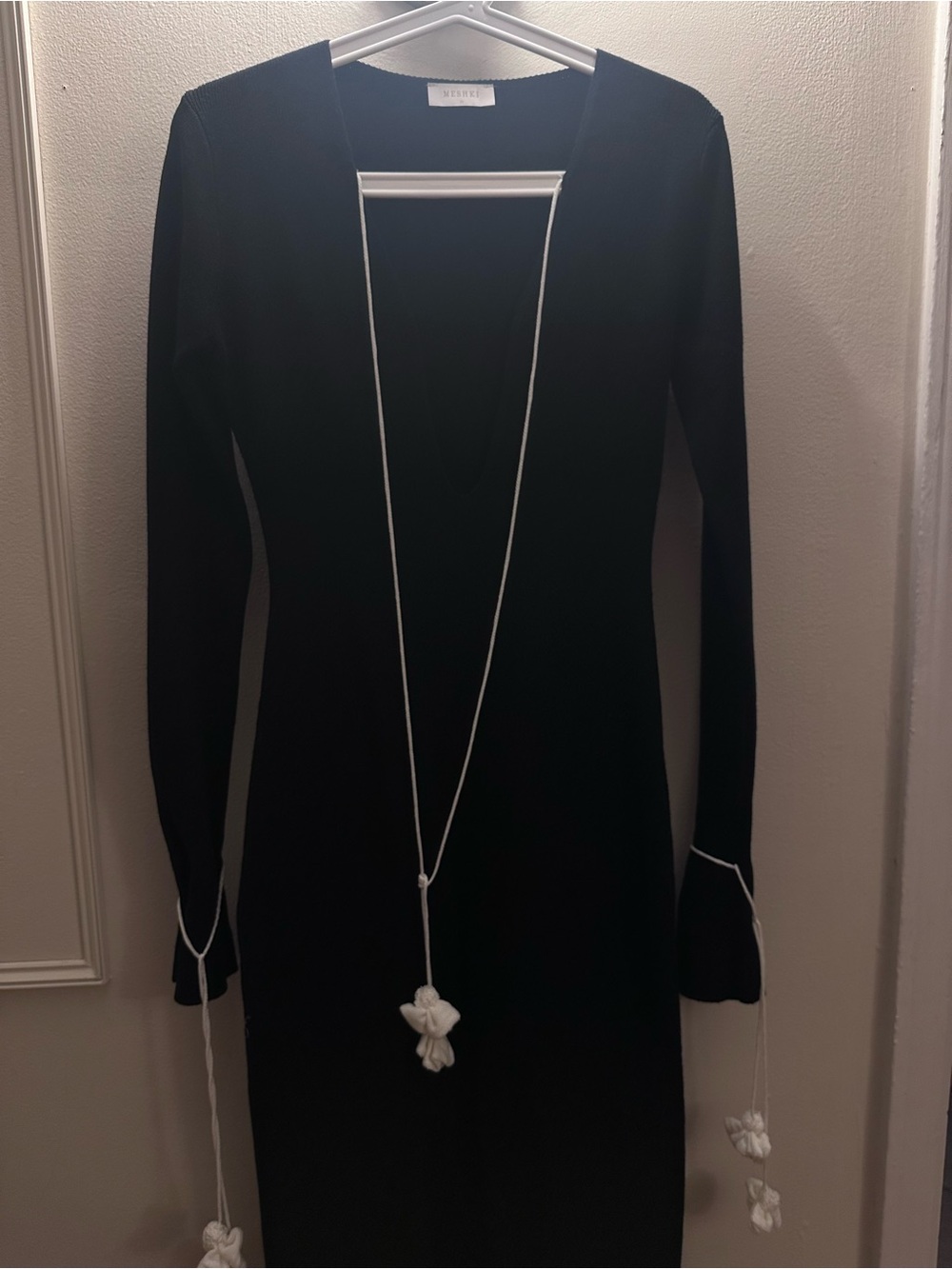 Meshki Black Long-Sleeve V-Neck Long Dress with White Tassels